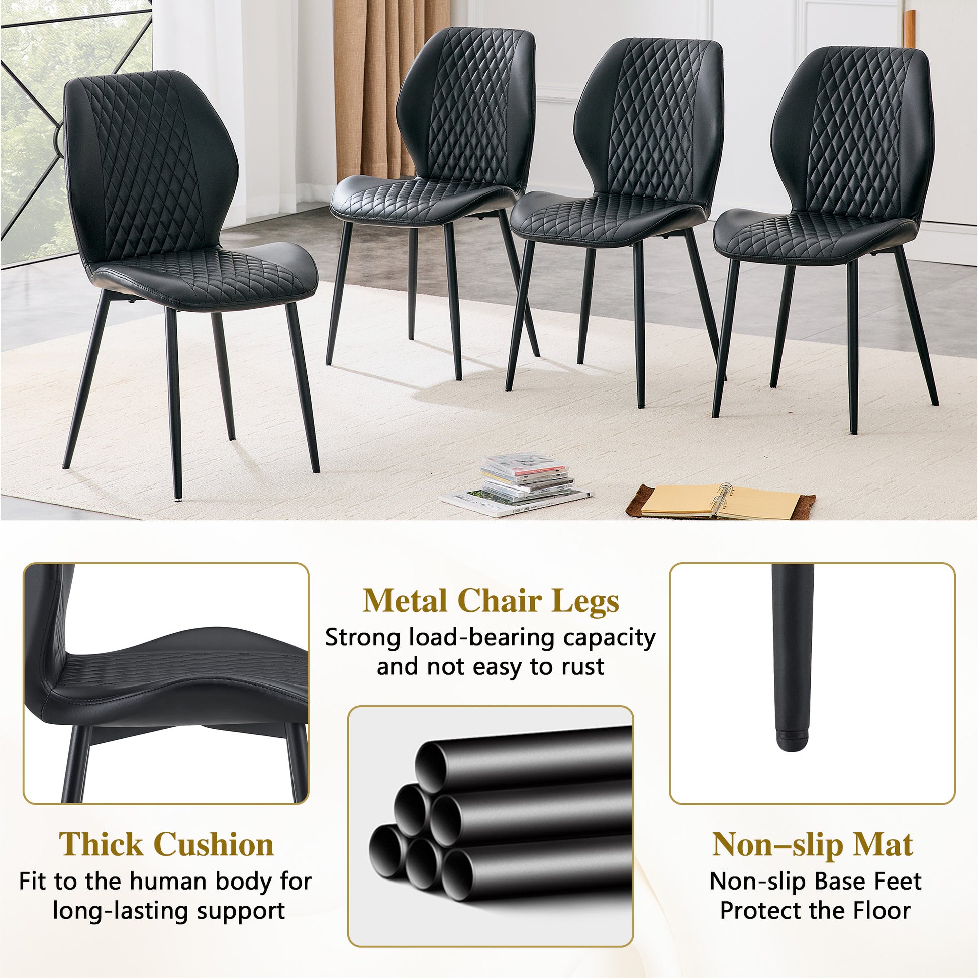 Set of 4 modern light luxury black diamond-quilted PU chairs with black metal legs. Suitable as upholstered dining chairs with backrests for home dining rooms, adaptable to a wide range of scenarios. image 11