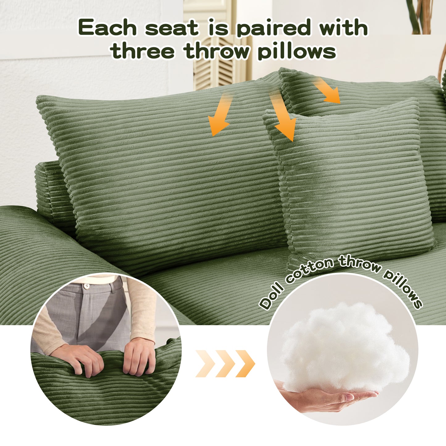 170"Oversized Cloud Modular U-Shape Sectional Couch,Premium Corduroy Fabric With An Ottoman,Deep Seat Wide Armrests,8 Throw Pillows Good Resilience Cushion,Easy Assembly,For Living Rooms Studies,Green image 10