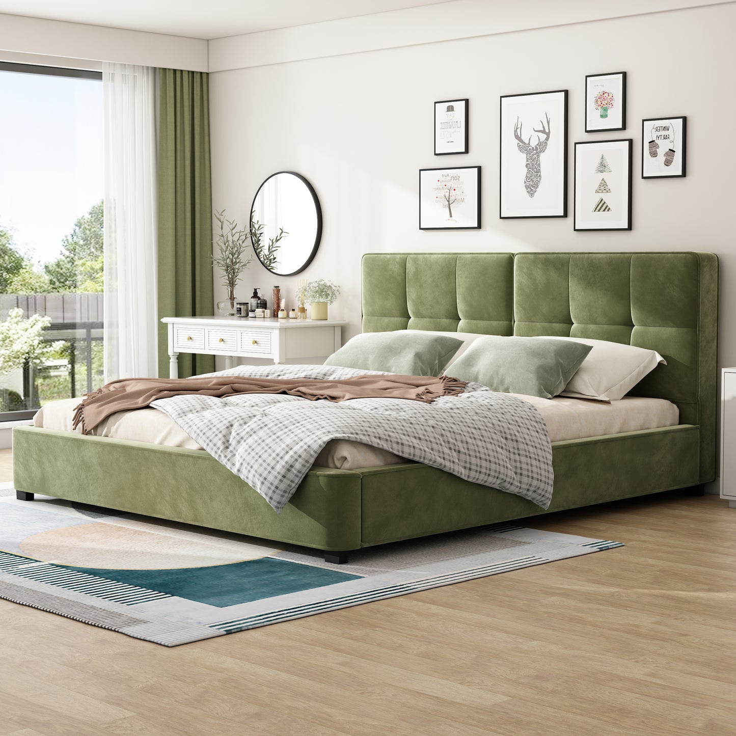 King Size Velvet Bed Frames, Upholstered Platform Bed with Curved Tufted Headboard, Soft Square Corners, Olive Green image 1