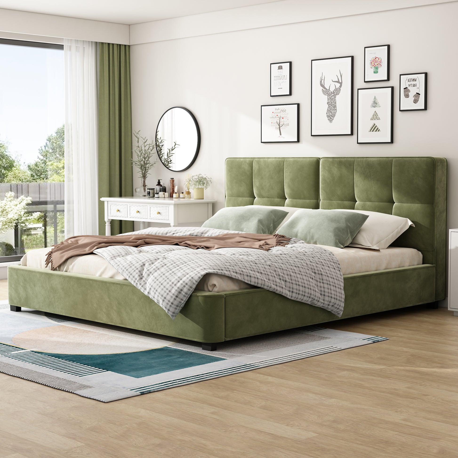 King Size Velvet Bed Frames, Upholstered Platform Bed with Curved Tufted Headboard, Soft Square Corners, Olive Green image 1
