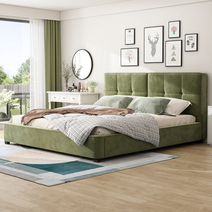 King Size Velvet Bed Frames, Upholstered Platform Bed with Curved Tufted Headboard, Soft Square Corners, Olive Green image 1