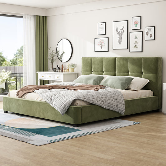 King size velvet bed frame olive green curved tufted headboard front view