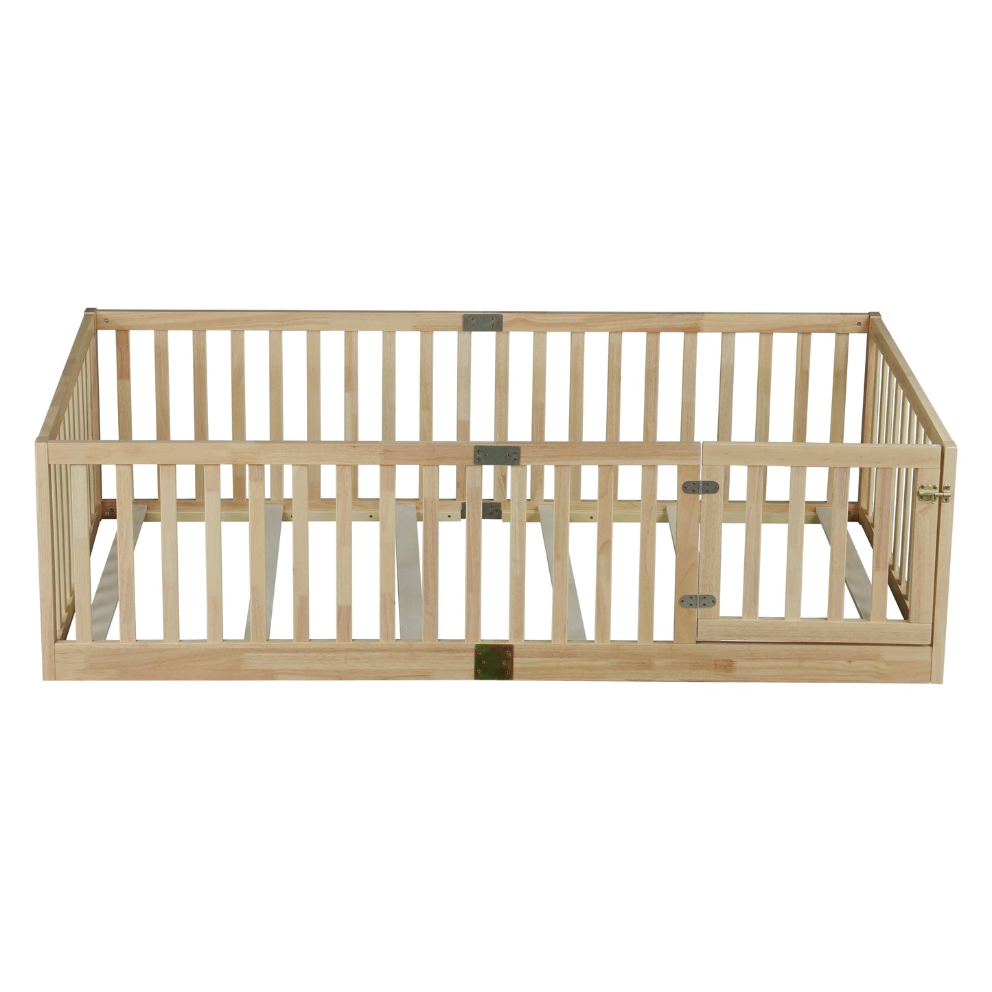 Twin Size Floor Bed with High Fence Railings, with Door, Rubber Wood Floor Bed with Safety Guardrails,Natural image 8