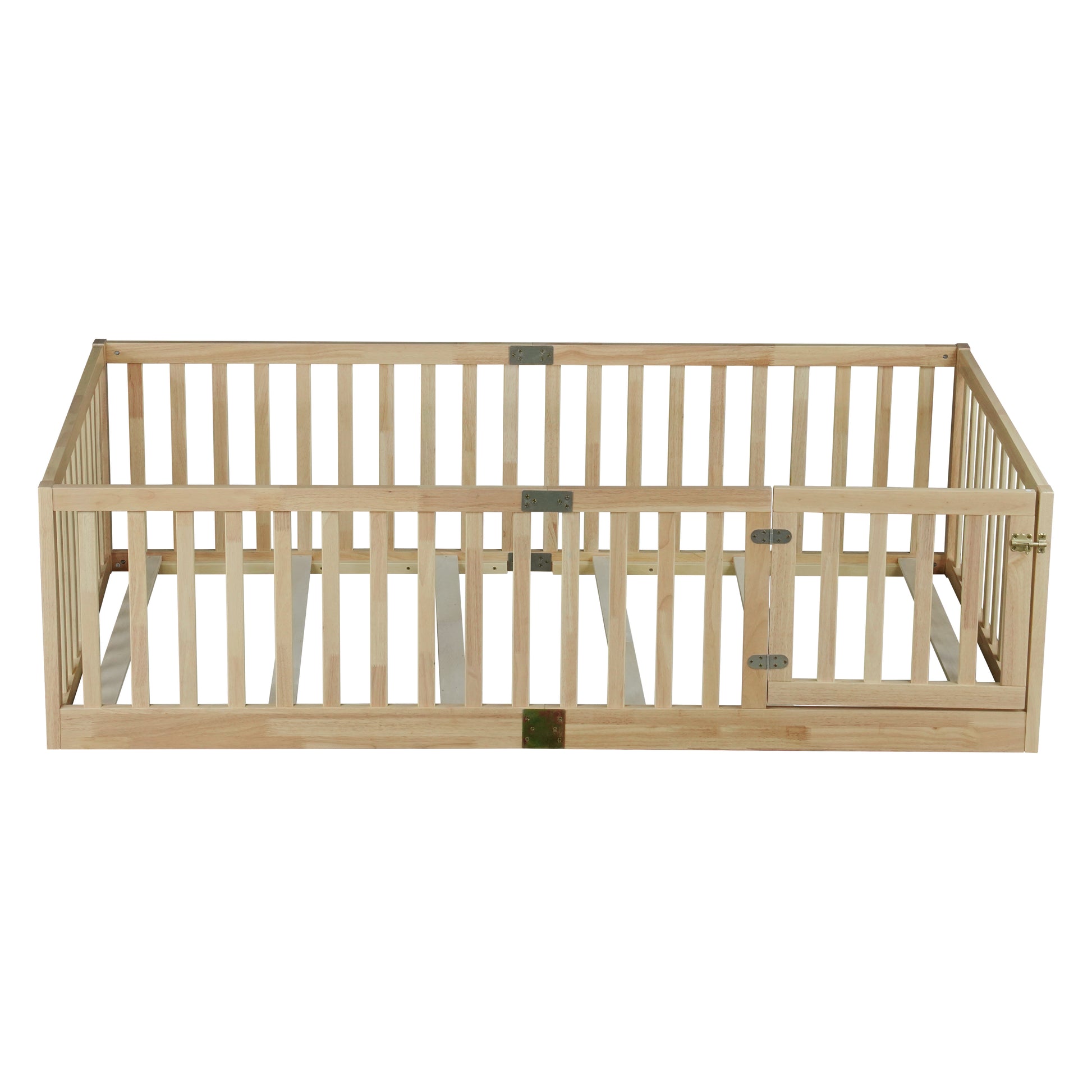 Twin Size Floor Bed with High Fence Railings, with Door, Rubber Wood Floor Bed with Safety Guardrails,Natural image 8