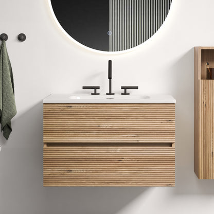 Gloria 30" Wall Mounted Rough Oak&Rough Oak Bathroom Vanity with Integrated Ceramic Sink with Overflow, with 3 holes, Large Storage Floating Bathroom Vanity for Modern Bathroom, KD image 1