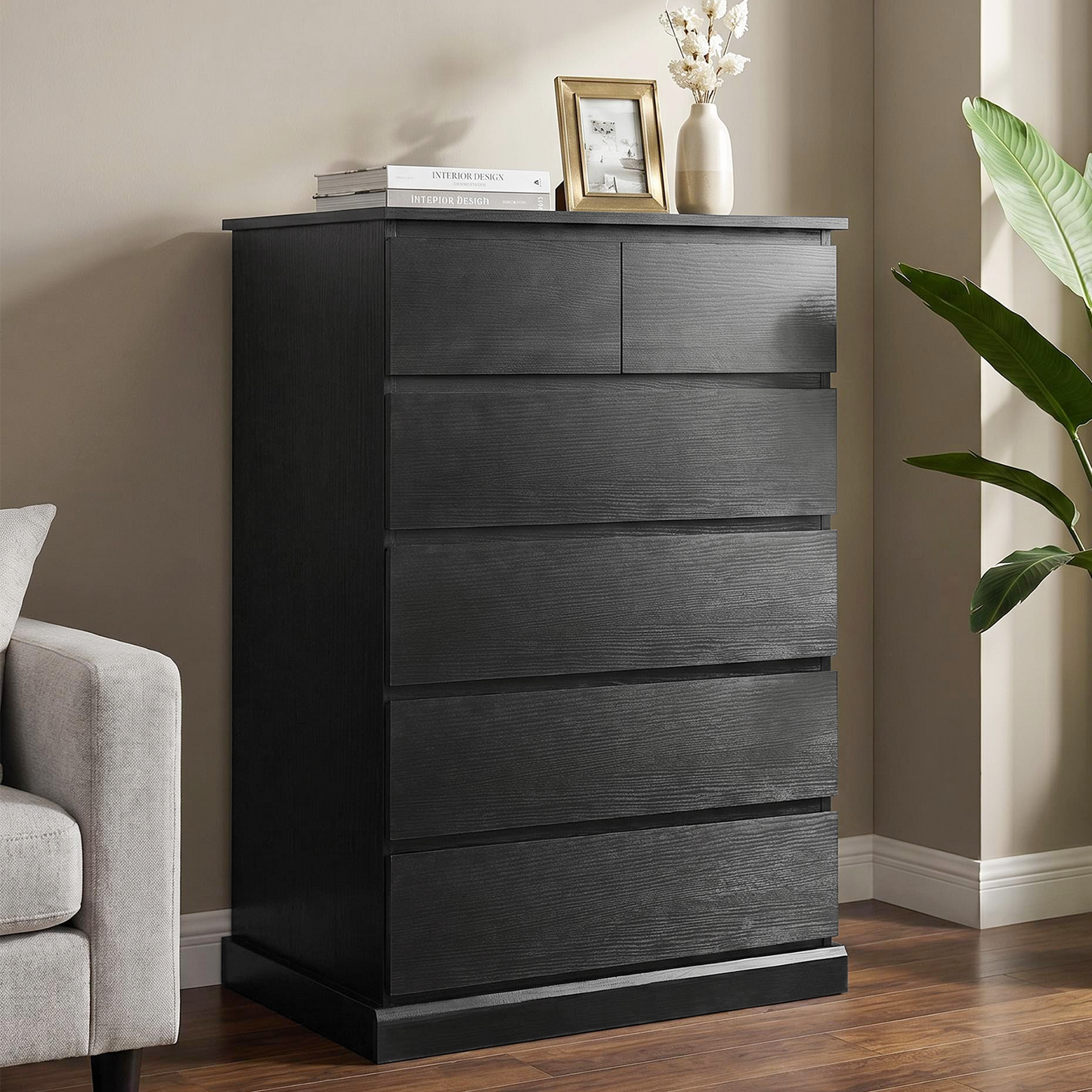 6 Drawers Dresser for Bedroom, Tall Dresser for Bedroom, Modern Chest of Drawers with Concealed Handles, Vertical Wood Storage Cabinet for Bedroom, Living Room, Entryway, Black image 2
