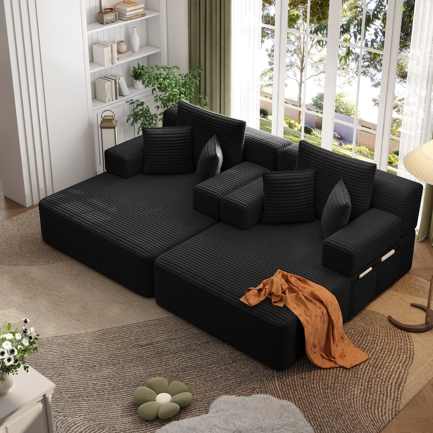 Oversized Double Chaise Lounge 2-Piece Set, Luxurious Plush Corduroy Convertible Sofa Bed with 6 Pillows and Storage Pocket, for Small Spaces,Home Theater, Living Room, Black image 2