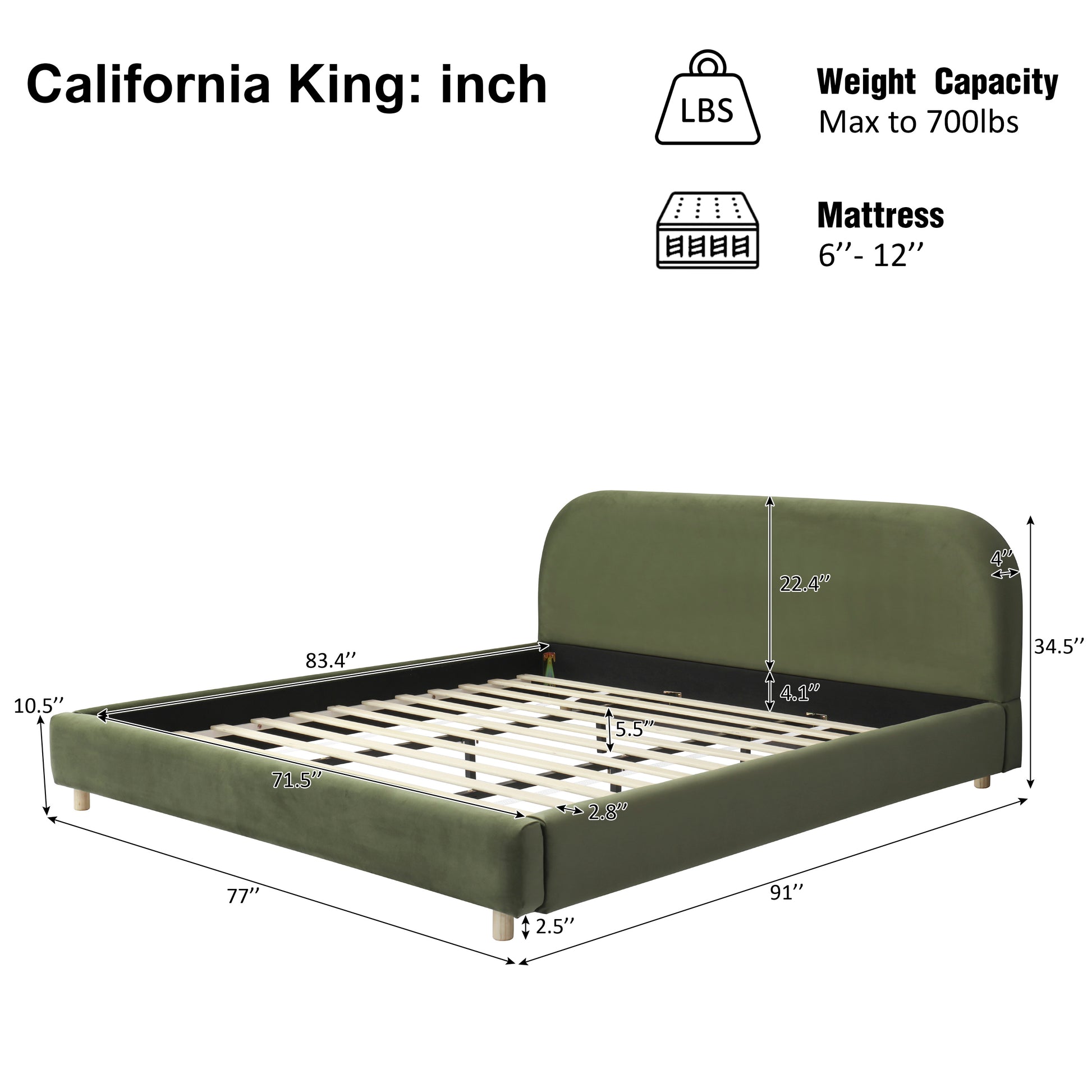 California King Size Upholstered Bed Frame With Velvet Fabric And Curve Design Thick Headboard, Solid Wood Legs, Olive Green image 3