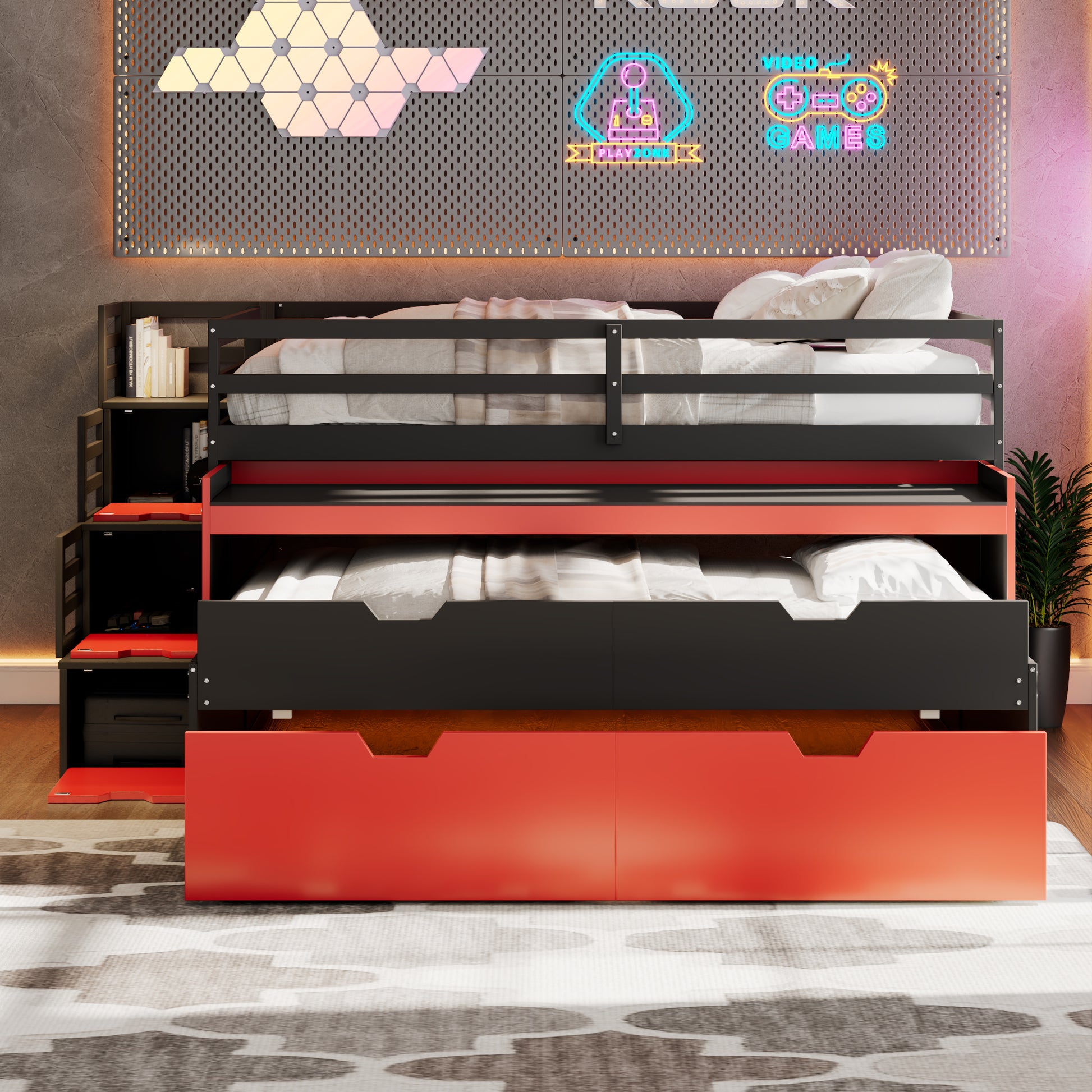 Full XL Loft Bed with Pull-Out Desk and Twin Trundle, Multi-Functional Bunk Bed with 2 Storage Drawers and Storage Steps, Space-Saving Gaming & Workstation Bedframe, Black+Red image 2