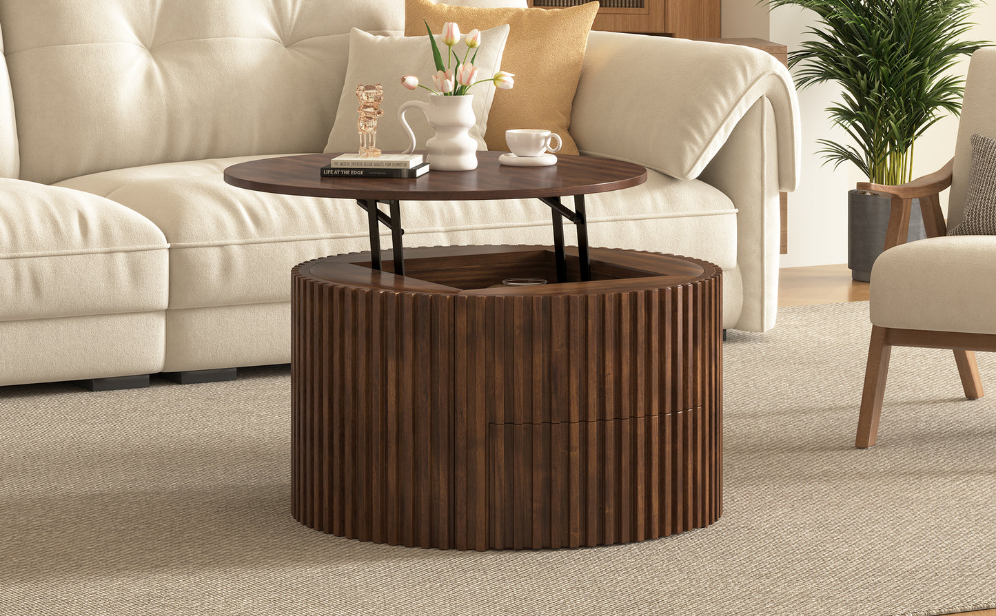 VIBE HAUS Round Lift Top Coffee Table, Modern Fluted Wood Accent Coffee Table with Hidden Storage for Living Room image 9