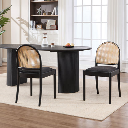 Rattan Dining Chairs Set of 2, Upholstered Linen Dining Room Chairs with Backrests, Modern Kitchen Chairs with Wood Legs for Dining Room, Black image 1