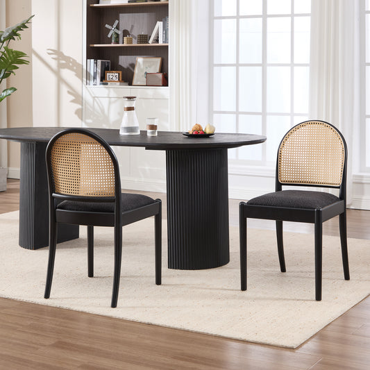 Rattan Dining Chairs Set of 2, Upholstered Linen Dining Room Chairs with Backrests, Modern Kitchen Chairs with Wood Legs for Dining Room, Black image 1
