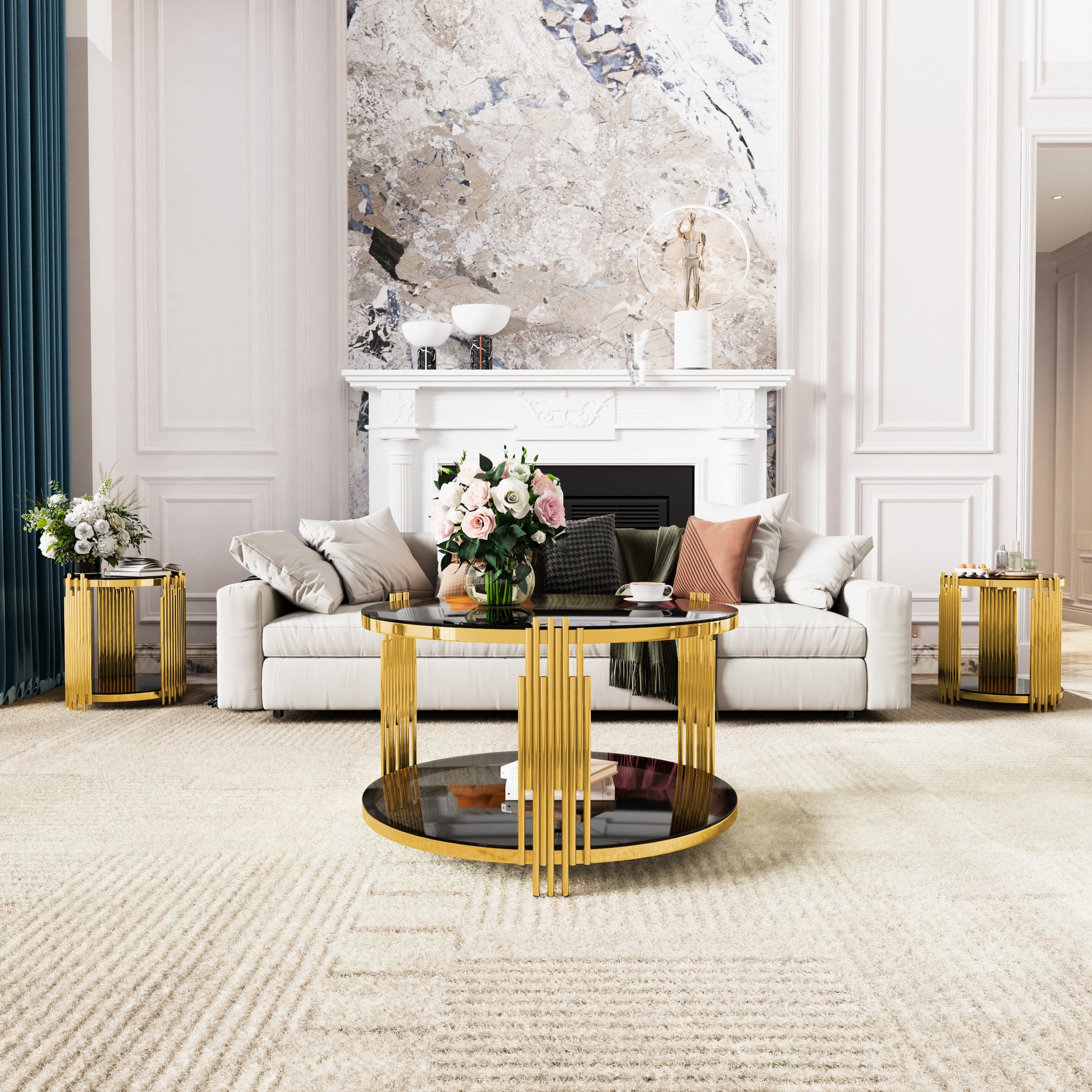 Living Room Table Set of 3 with 1 Coffee Table and 2 End Tables, Round, Tempered Glass, Asymmetrical Metal, Gold Finish & Lower Shelf, 31.5" image 1