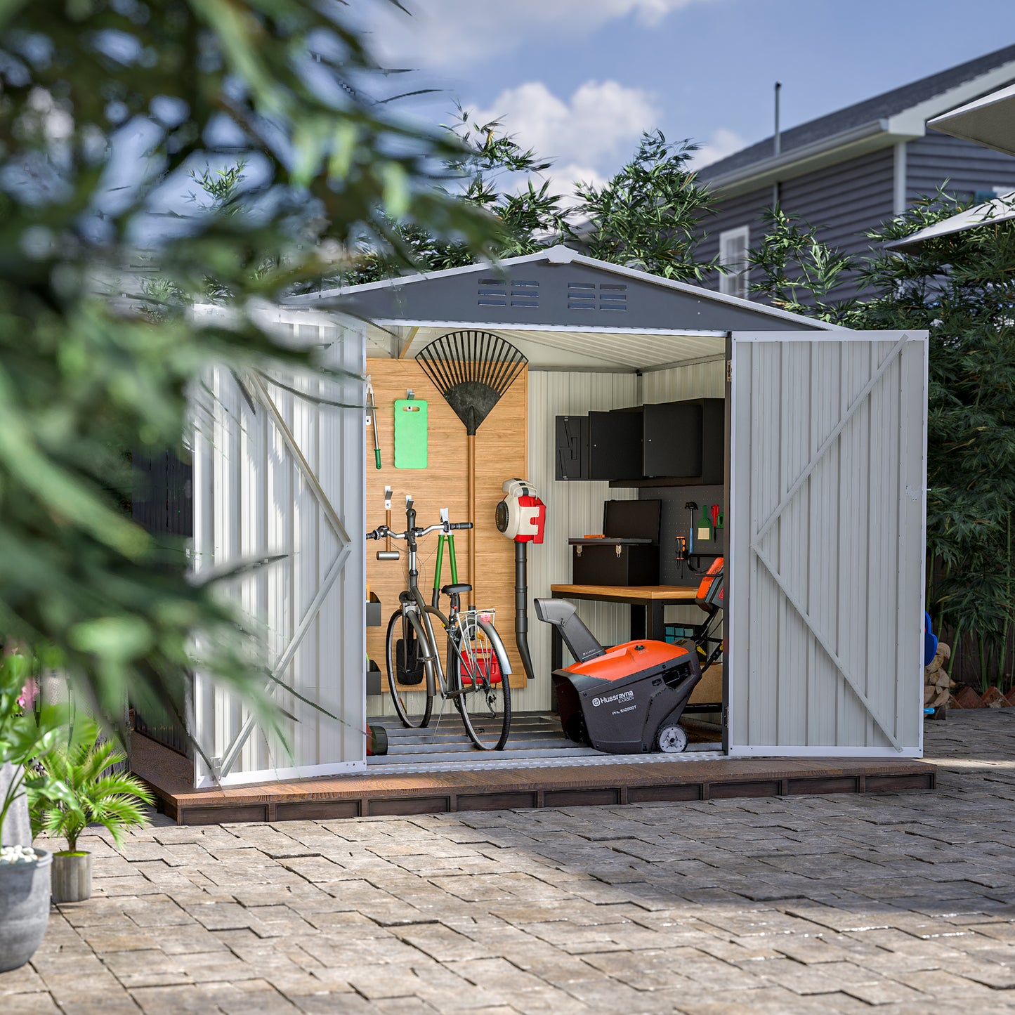 8 x 6 FT Outdoor Waterproof Garden Tool Storage Sheds with Metal Foundation with Floor Frame, Tool Shed with Lockable Hinged Doors & Air Vents, Storage House Waterproof for Backyard, Lawn, Gray image 11
