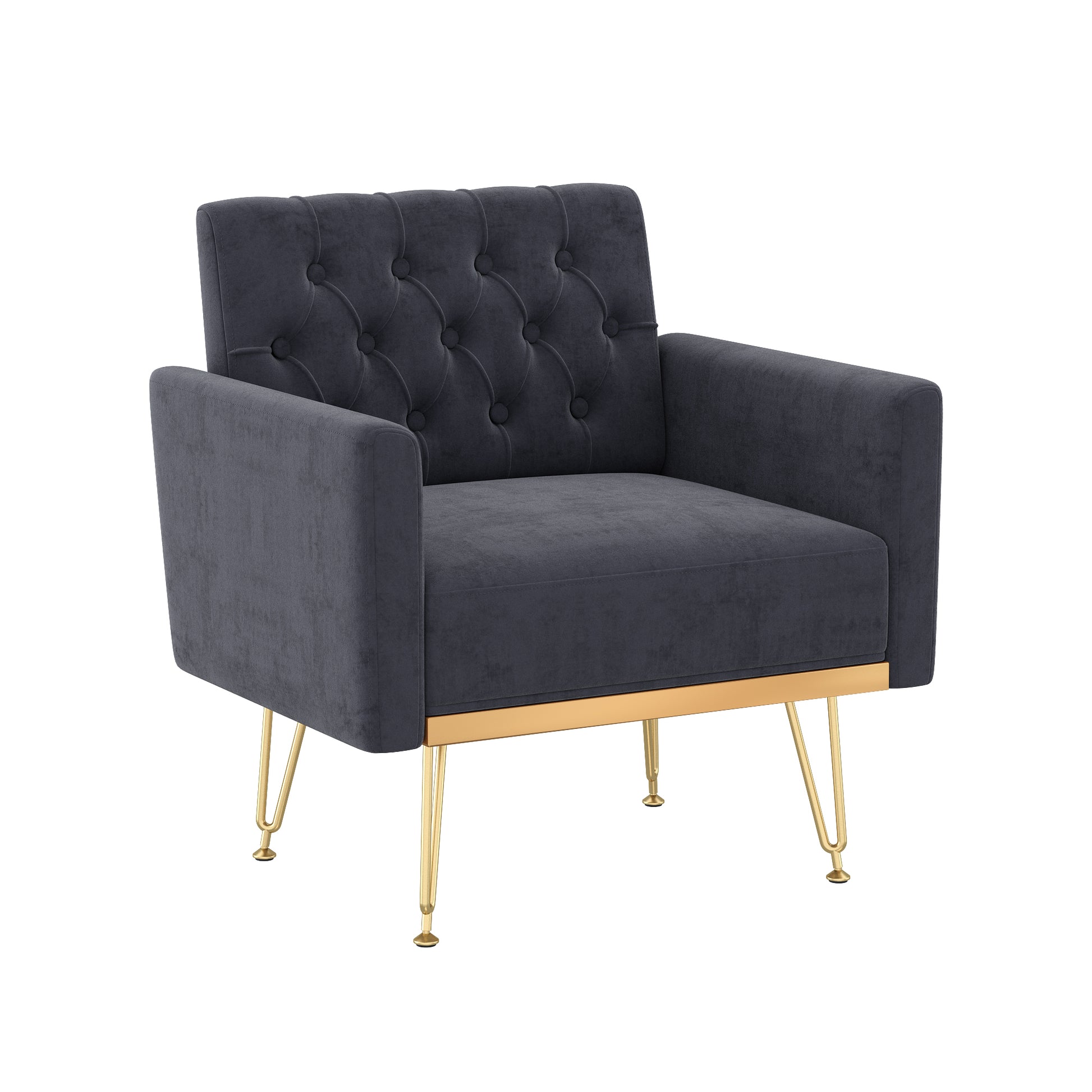 Velvet Armchair Single Sofa Modern Tufted Upholstered Side Reading Chairs with Arm and Gold Metal Leg for Living Room Bedroom (Black) image 3
