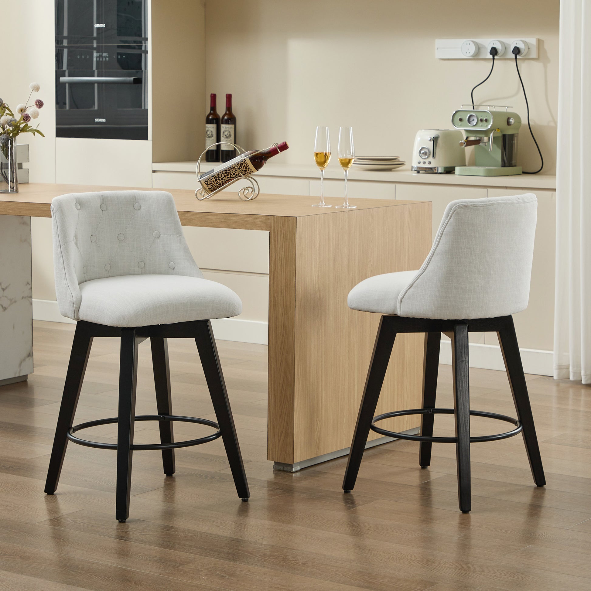 007-360° Swivel Bar Stools Set of 2-Modern 25" Counter Height Stools with Stain-Resistant Line&Button Tufted Back, Solid Wood Frame Barstools for Kitchen Island, Cafe or Home Bar, Easy Assembly White image 8