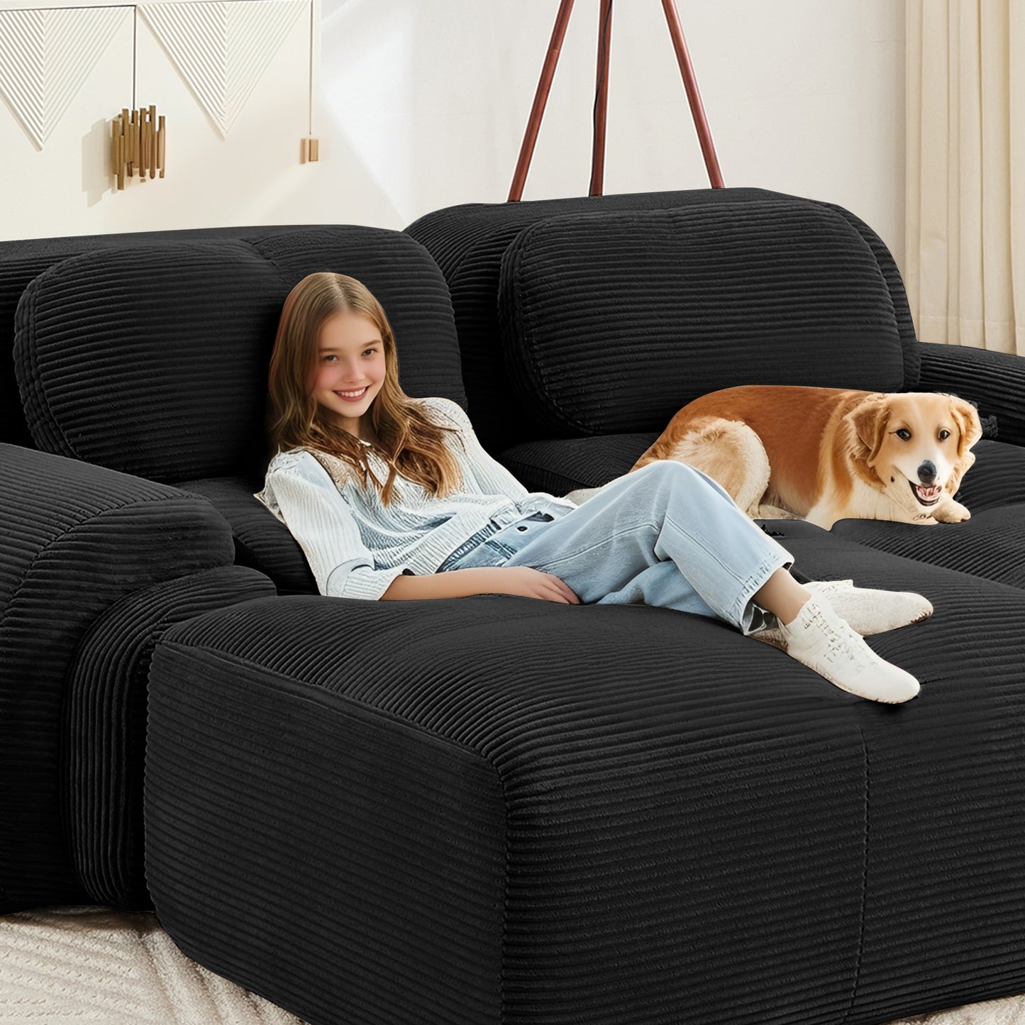 L-shaped modular sofa no assembly ergonomic design pet-friendly luxuryCorduroy Fabric fabric extra-wide curved armrests 32D high-resilience sponge for living rooms bedroom,Black image 9