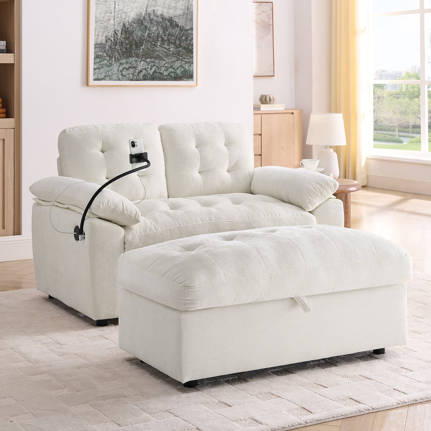 Leisure sofa chair,Double sofa recliner, with manually adjustable backrest, soft padded armrests, side USB charging port and phone stand, comes with a matching storage ottoman-Beige image 1