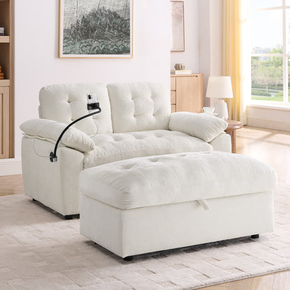 Leisure sofa chair,Double sofa recliner, with manually adjustable backrest, soft padded armrests, side USB charging port and phone stand, comes with a matching storage ottoman-Beige image 1