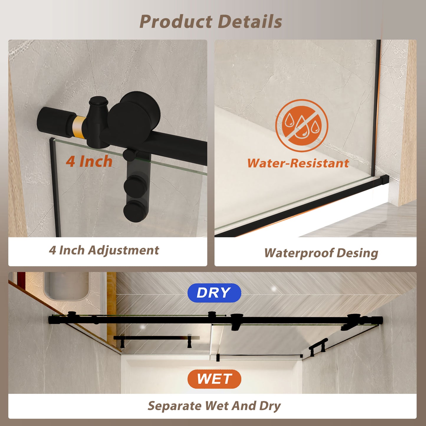 44-48" x 76" H Frameless Sliding Shower Door, 5/16" (8mm) Clear Tempered Glass, Stainless Steel Frame,Matte Black image 8