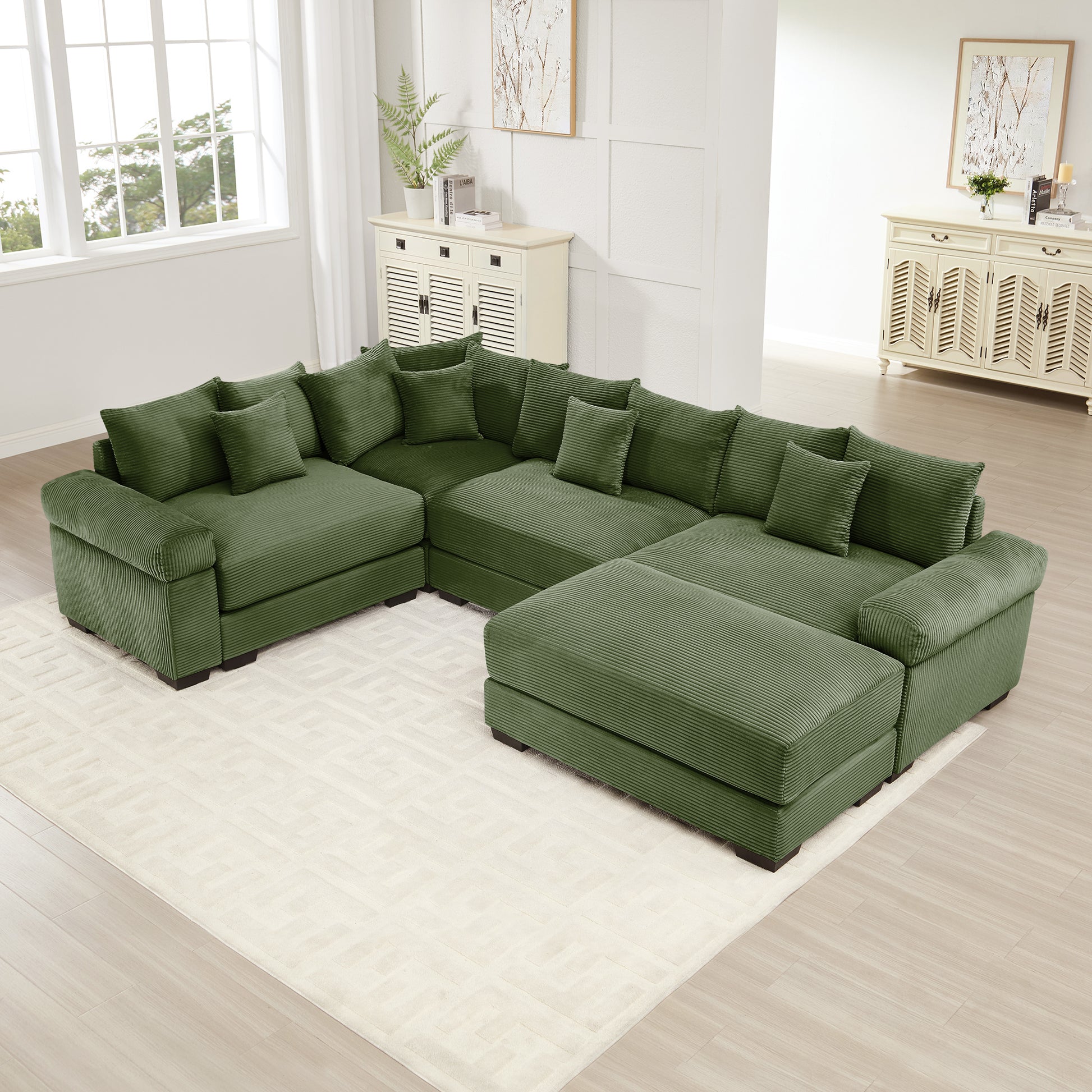 Oversized Cloud Modular Sectional Couch,Convertible Sectional Couches,Extra-Thick Armrests With An Ottoman,Premium Corduroy Fabric, Ergonomic Design, Easy Assembly, For Living Rooms bedroom,Green image 1