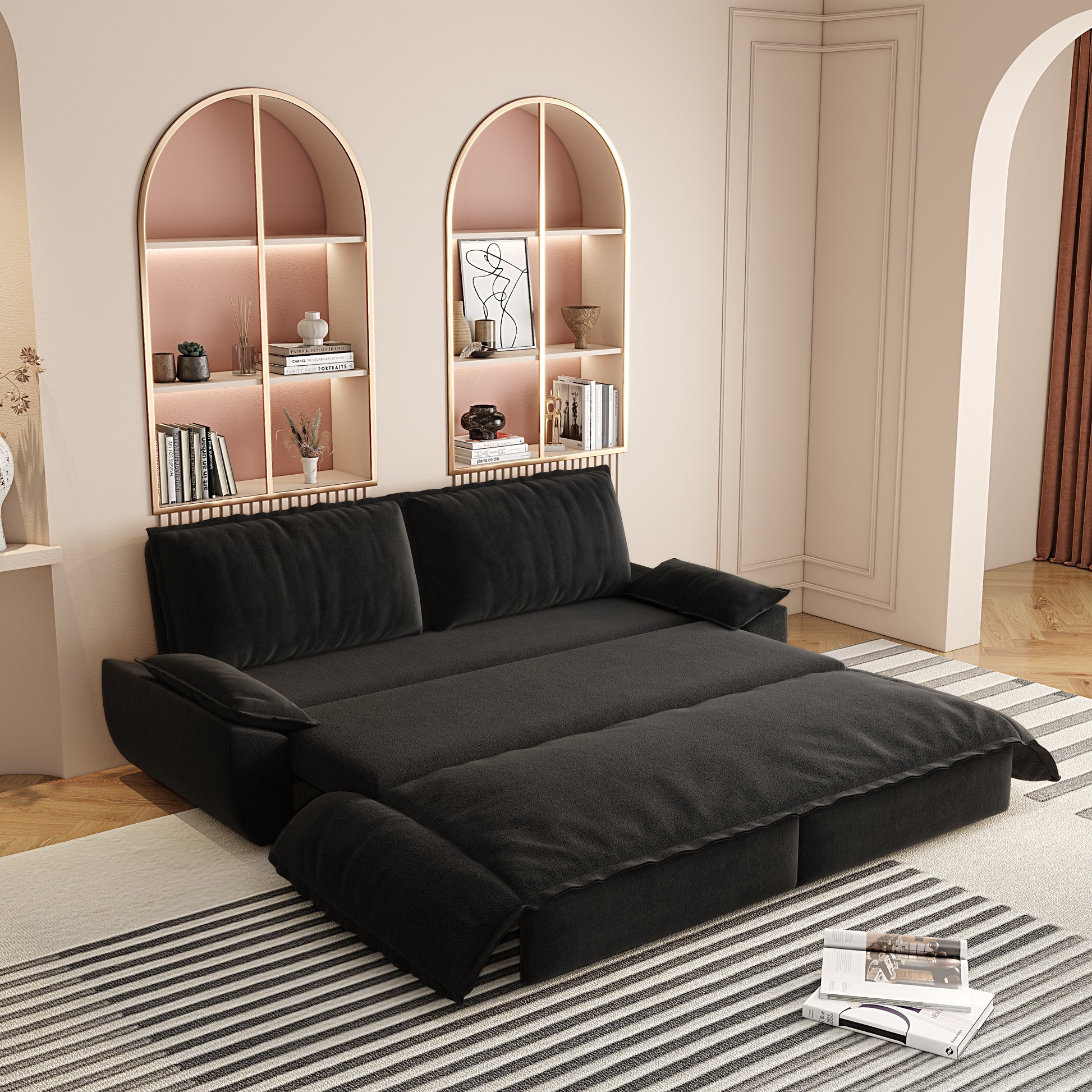 73.2"Queen Pull Out Sofa Bed,3-in-1 Convertible Sleeper Sofa,Multi-Functional Velvet Loveseat Bed, Black(Old sku: W1885S00050/W1885S00195/W1885S00228) image 7