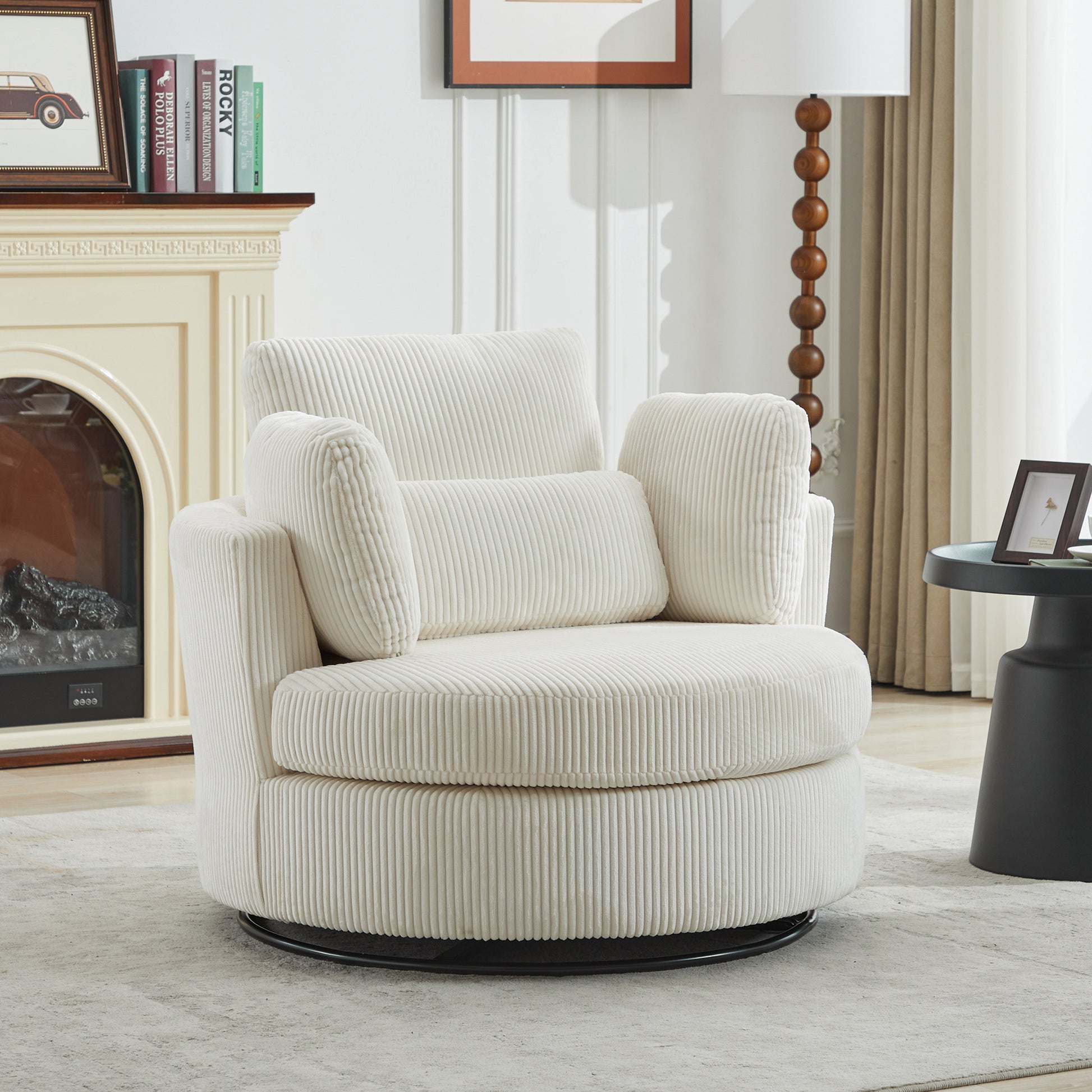 42''W Swivel Accent Chair With 2 Thorw Pillows 360 Degree Swivel Round Sofa Modern Oversized Chair Cozy Club Chair for Bedroom Living Room Lounge Hotel, Ivory Corduroy image 1