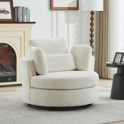 42''W Swivel Accent Chair With 2 Thorw Pillows 360 Degree Swivel Round Sofa Modern Oversized Chair Cozy Club Chair for Bedroom Living Room Lounge Hotel, Ivory Corduroy image 1