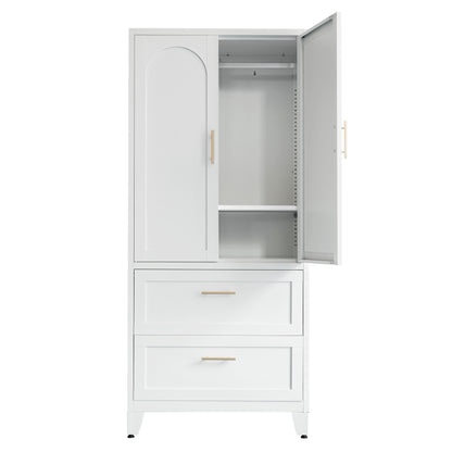 71" Tall Metal Wardrobe Cabinet with 2 Drawers and Hanging Rod, 2 Doors Wardrobe Closet with Shelf for Bedroom, Office, Laundry Room,Entryway,Foyer,Guesthouse (White) image 2