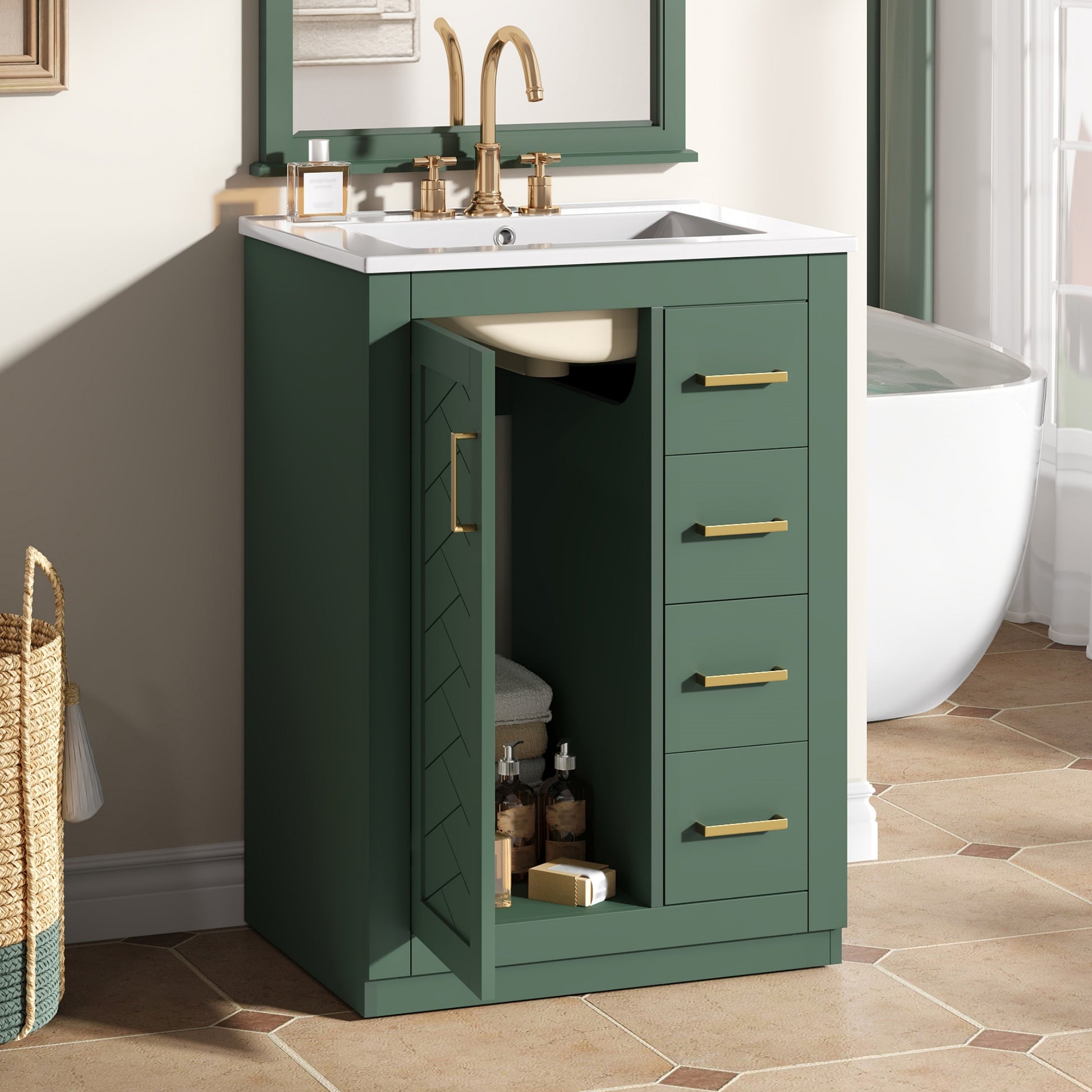 24" Bathroom Vanity with Integrated Ceramic Sink, Bathroom Cabinet with 1 Door, 3 Drawers, Single Sink Bathroom Vanity for Small and Medium Restroom, Green image 2