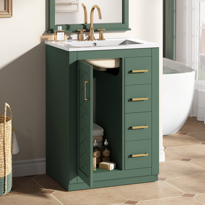 24" Bathroom Vanity with Integrated Ceramic Sink, Bathroom Cabinet with 1 Door, 3 Drawers, Single Sink Bathroom Vanity for Small and Medium Restroom, Green image 2