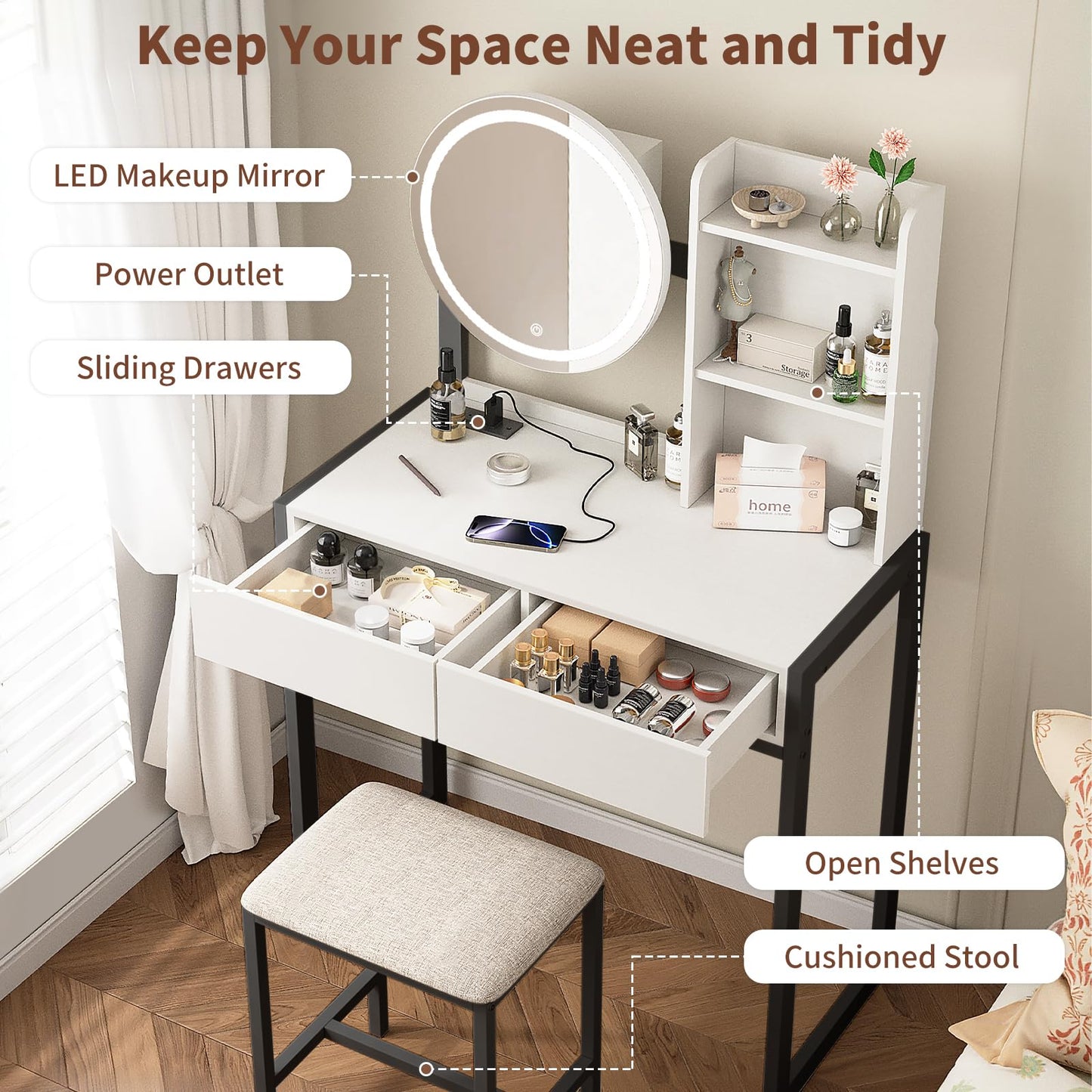 Small Vanity Desk with Mirror and Lights, Makeup Vanity Table with LED Mirror, 3 Lighting Modes, Power Outlet, Drawer, Open Shelves and Cushioned Stool for Bedroom (White and Black) image 5