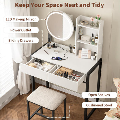 Small Vanity Desk with Mirror and Lights, Makeup Vanity Table with LED Mirror, 3 Lighting Modes, Power Outlet, Drawer, Open Shelves and Cushioned Stool for Bedroom (White and Black) image 5