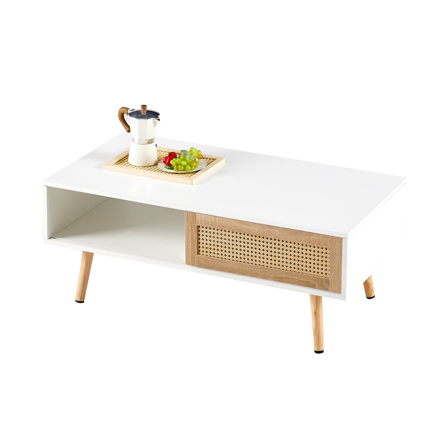 41.34" Rattan Coffee table, sliding door for storage, solid wood legs, Modern table for living room,White image 6