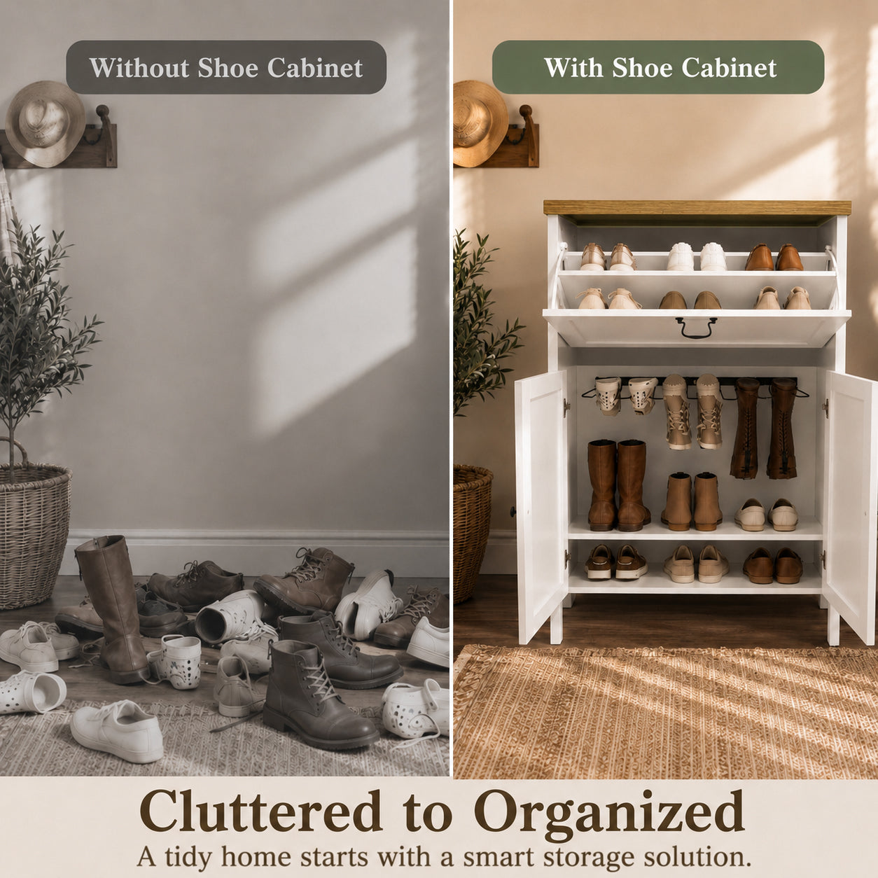 Shoe Cabinet with Flip Drawer, Boot Rack and 6 Boot Clips, Narrow Entryway Shoe Cabinet with Adjustable Shelf, Freestanding Shoe Organizer Cabinet for Entryway, Foyer, 31.5"W x 15.7"D x 45.3"H-White image 9