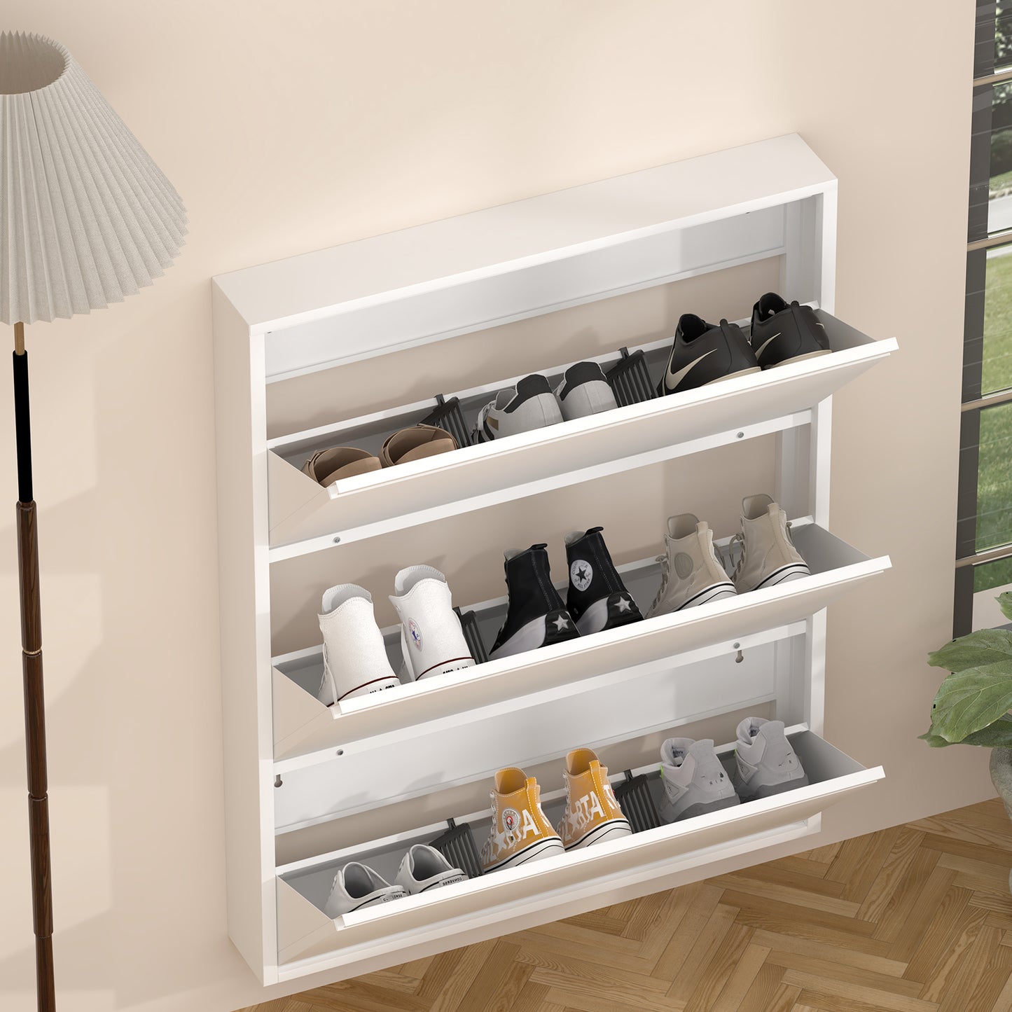 Metal Shoe Cabinet with 3 Flip Drawers, Wall Mounted Shoe Organizer, Narrow Slim Hidden Shoe Rack for Entryway,White image 2