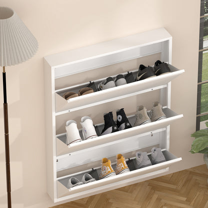 Metal Shoe Cabinet with 3 Flip Drawers, Wall Mounted Shoe Organizer, Narrow Slim Hidden Shoe Rack for Entryway,White image 2