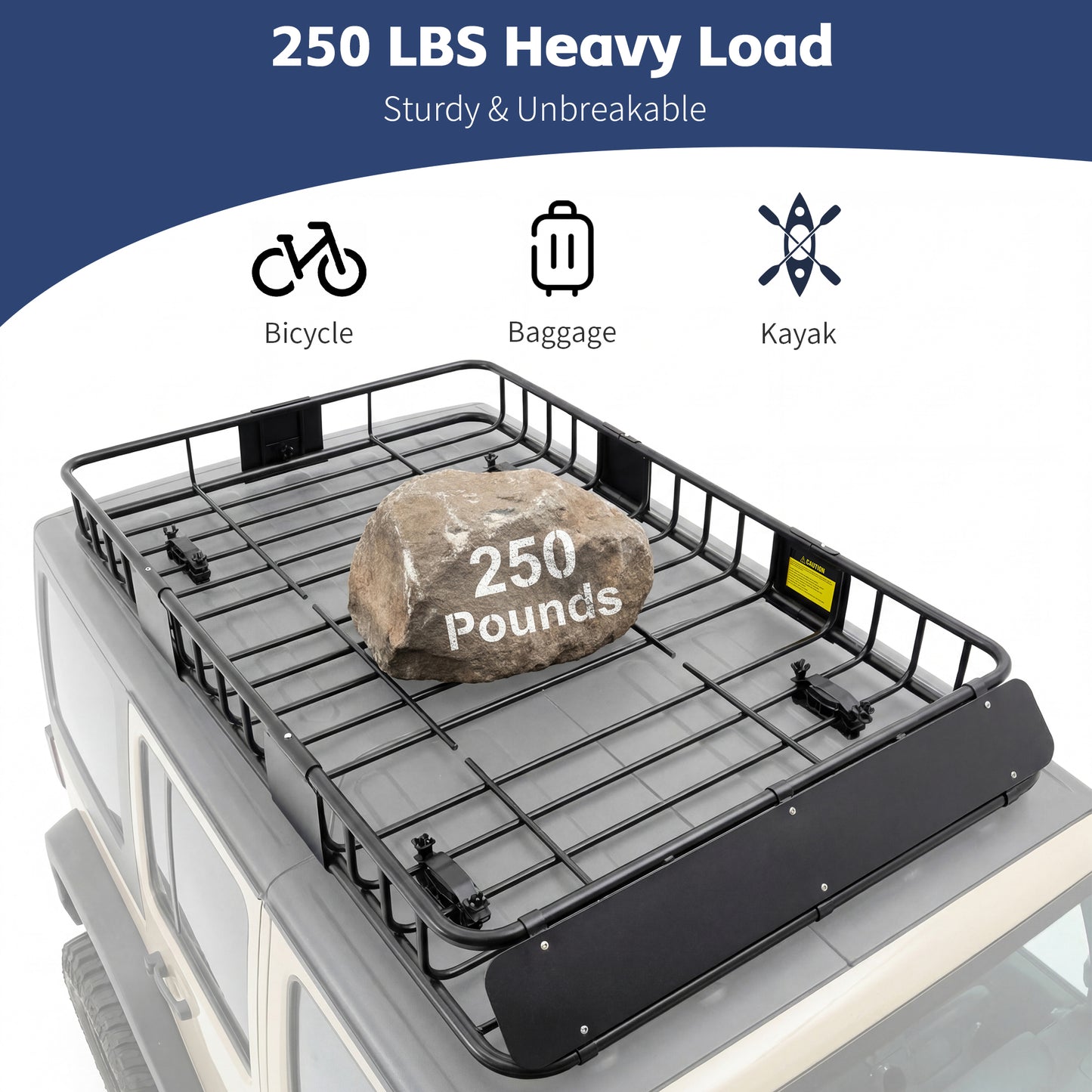 Roof Rack Basket With Net,Rooftop Steel Roof Rack,Cargo Carrier with 250 Lbs Capacity,Extension Black Car Top Luggage Holder 64"x 39" Universal for SUV/ Wagon / Seden image 5
