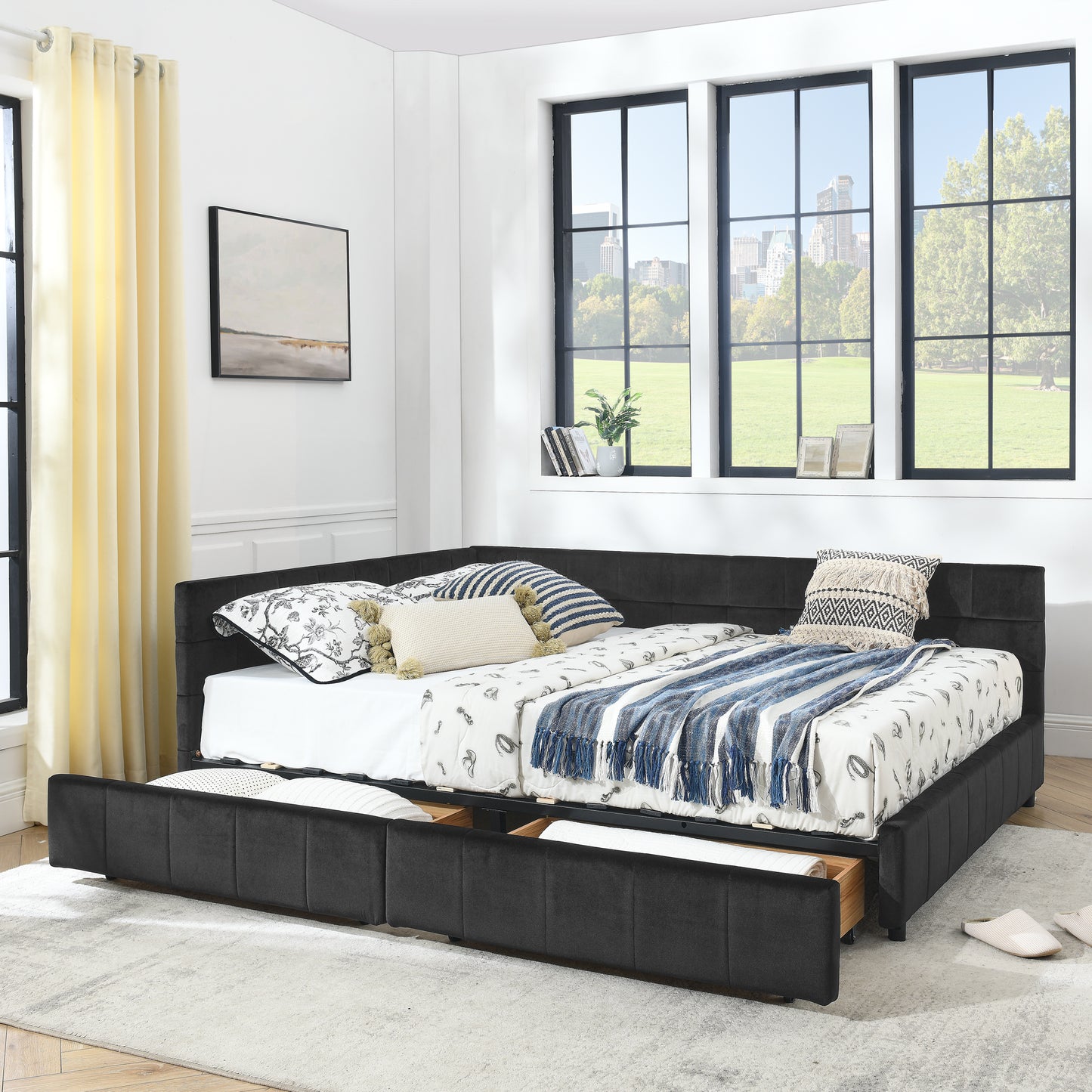 Queen Size Storage Upholstered Tufted Bed Frame, Sofa Bed Frame with Comfortable Backrest and Armrests, Queen Size Bed for Bedroom, Living Room,Velvet, BLACK(85.5''*64.5''*29.5'') image 1