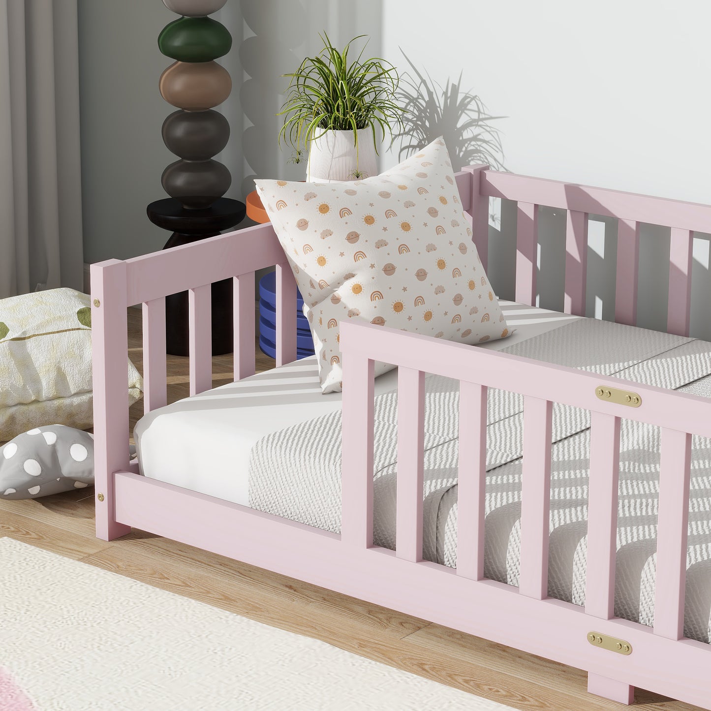 Twin Size Floor Bed with Fence without Door, Rubber Wood Floor Bed with Safety Guardrails,Pink (Old Sku W504P286399) image 4