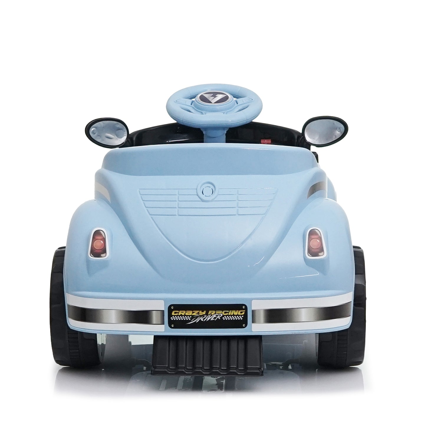 Child driving 12V vintage ride on car with remote control supervision