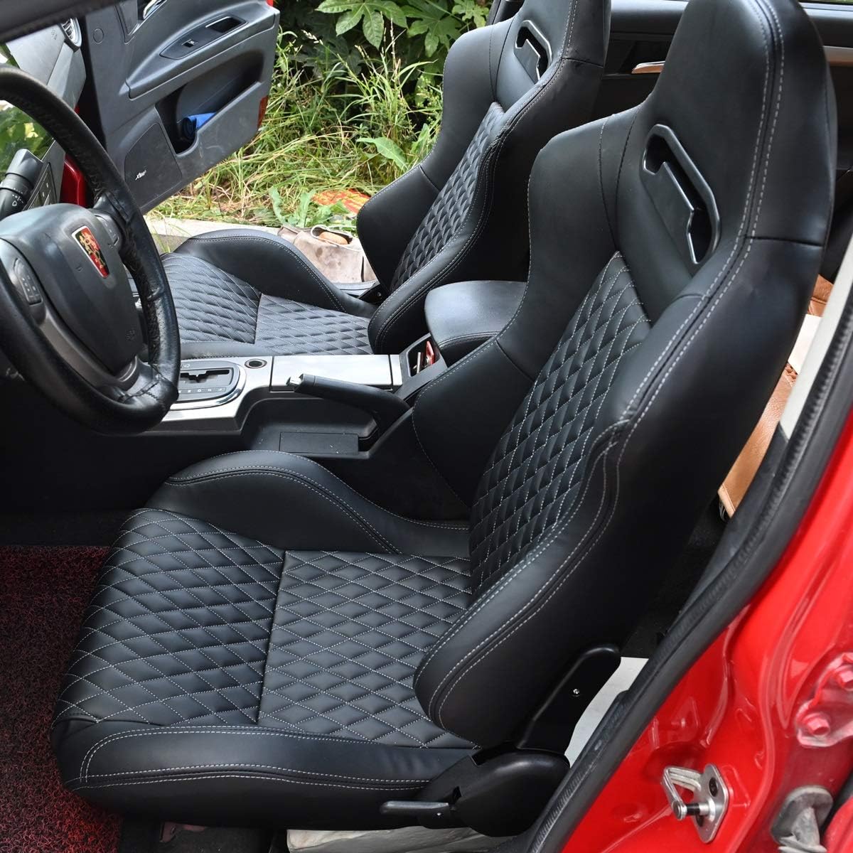 Driver's side 1PC Universal Racing Seats Stitch PVC Leather Reclinable Carbon Look Leather Back With Adjustor Slider(Not Including Seat Bracket) 1 box of 1 pieces image 4