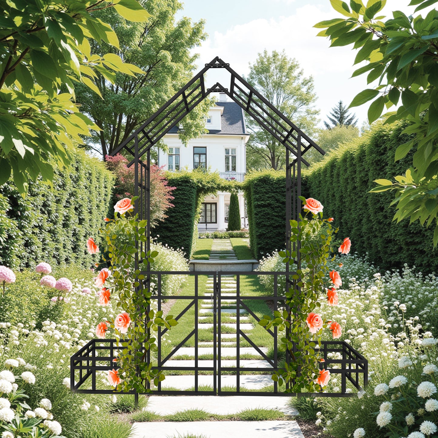 Metal Garden Arch with Gate with planter W80.71*H97.24 Climbing Plants Support Rose Arch Outdoor Black image 8