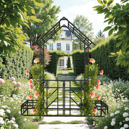 Metal Garden Arch with Gate with planter W80.71*H97.24 Climbing Plants Support Rose Arch Outdoor Black image 8
