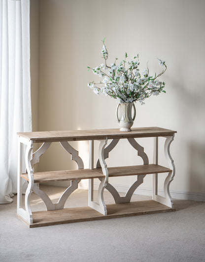 64.2x16.5x33.5" Three-Tiered Wooden Console Table with Cut-Out Patterns, Brown/White image 1