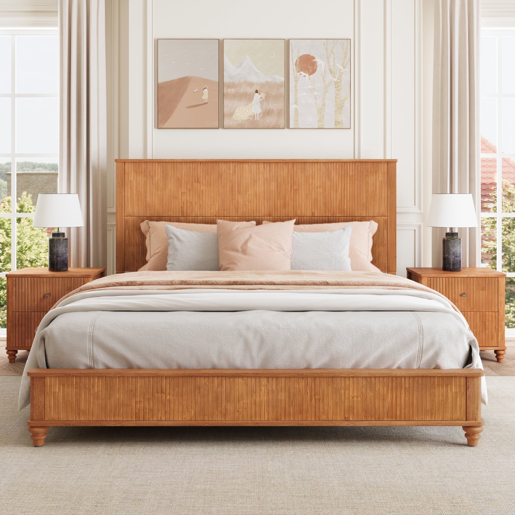 Solid Wood Bed Frame,King Platform Bed Frame with Headboard,Tall Headboard Natural Wood Bed,No Box Spring Needed,Natural image 1