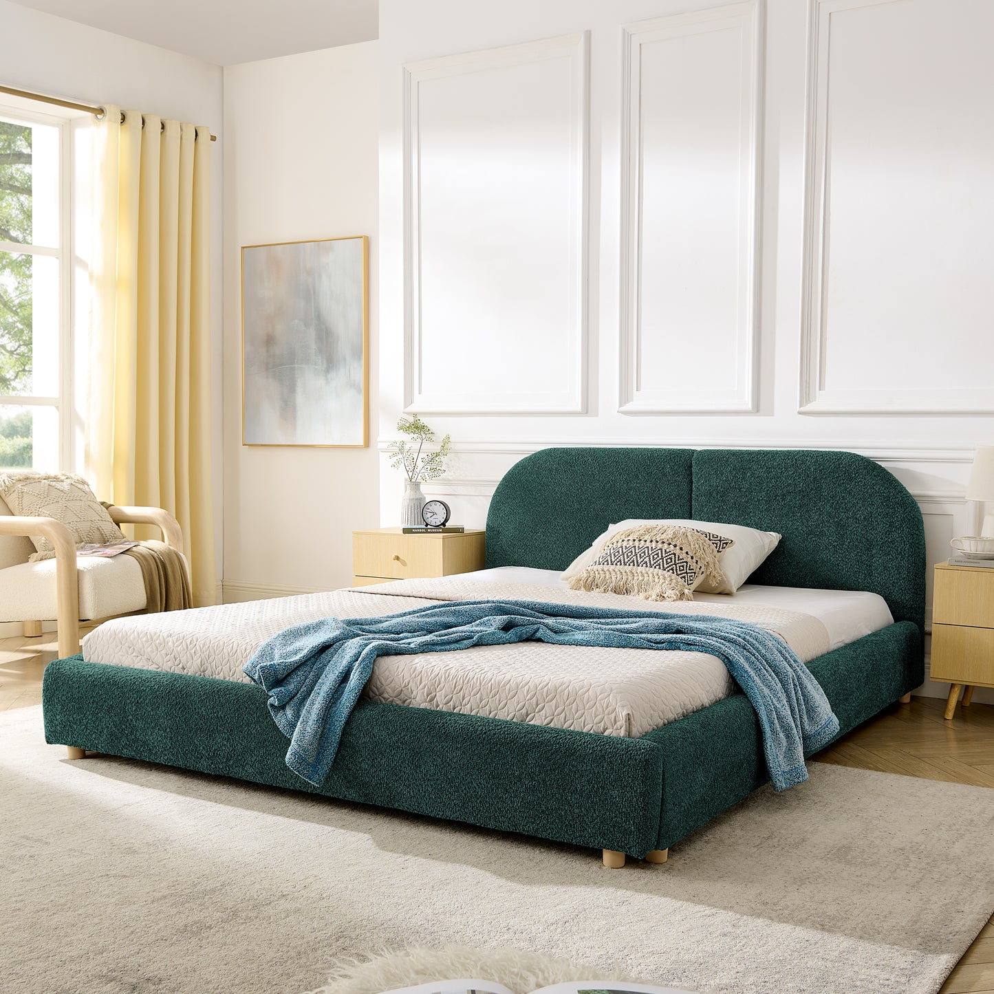 Queen Size Upholstered Bed Frame, Modern Minimalist Style with Tall Curved Headboard, Premium Circle Yarn Fabric & Sturdy Leg Support, Mattress Not Included-Green image 1