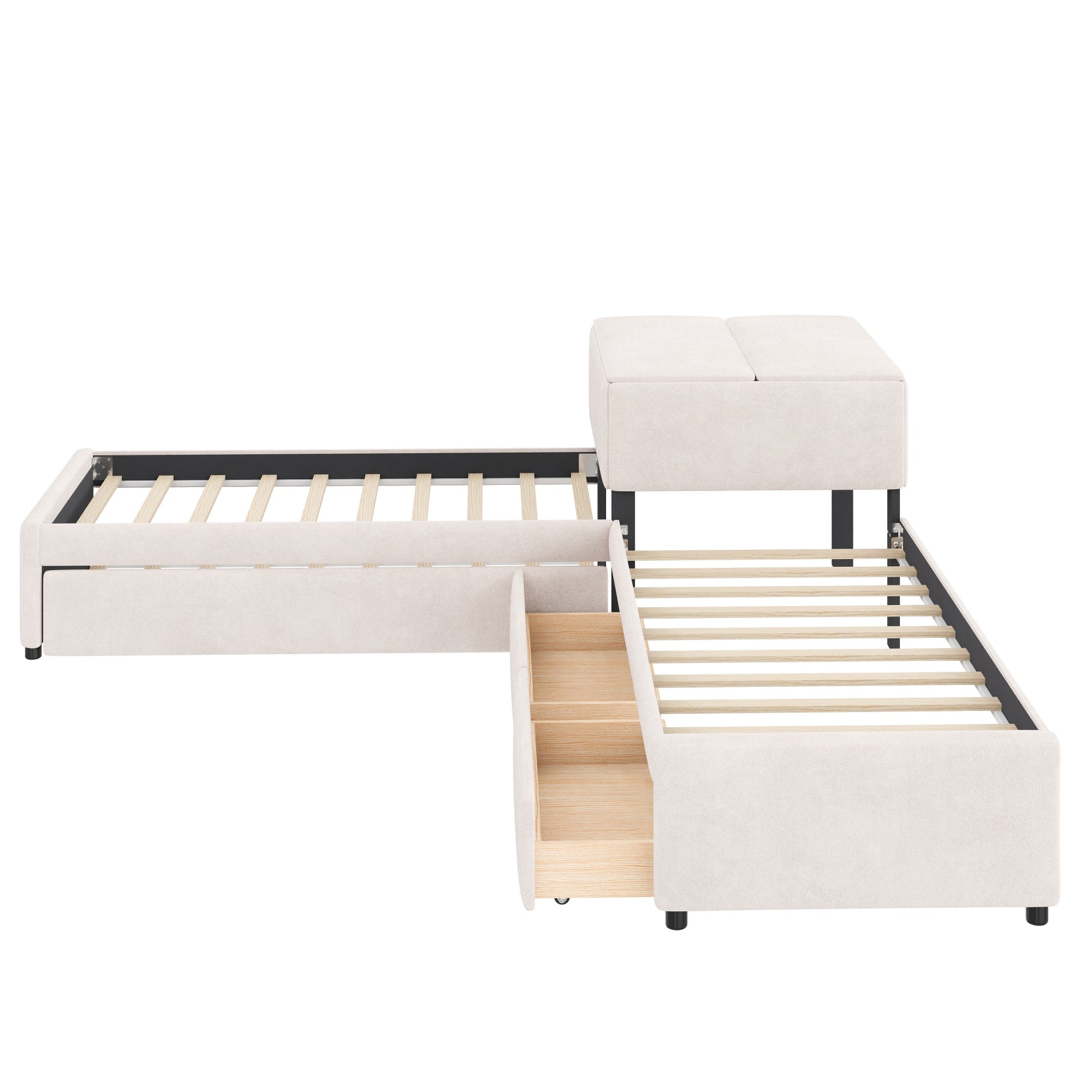 L-shaped Upholstered Platform Bed with Trundle and Two Drawers Linked with built-in Desk,Twin,Beige image 9