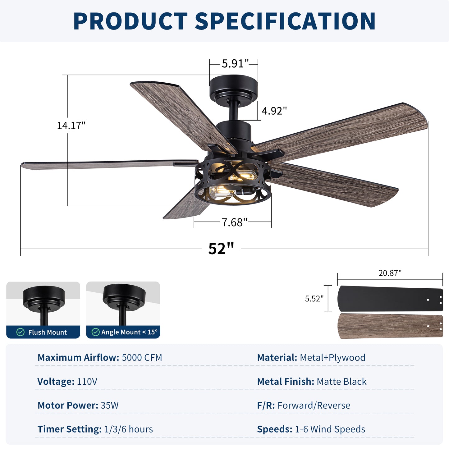 52" Modern Farmhouse Industrial Ceiling Fan with Light, Dual‑Sided Matte Black & Wood Grain Blades, Reversible DC Motor, 6‑Speed Timer Remote, Metal Cage, E12 Compatible, Bulbs Not Included image 7