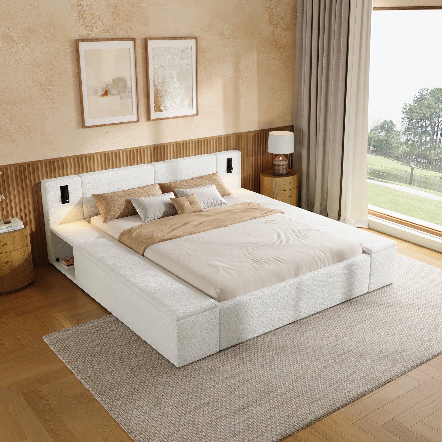 Queen Size Teddy Fleece Upholstered Platform Bed Frame with Massive Hidden Storage, Modern Bouclé Fabric Bed with Built-in Nightstands & LED Reading Lights, Wood Slats, No Box Spring Needed, White image 4